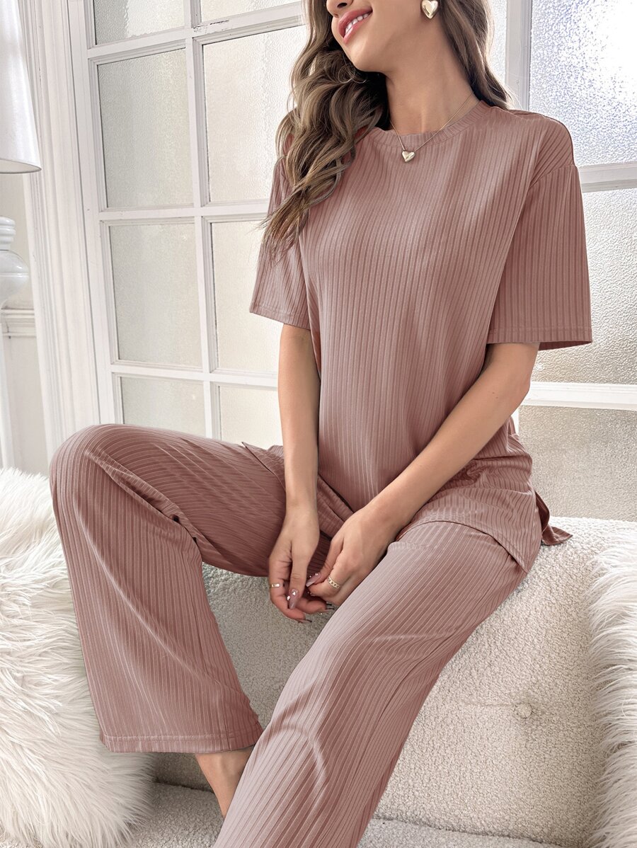 落肩袖下擺開叉T恤和褲子休閒套裝 - 藕粉色 - 查看 1