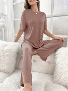 落肩袖下擺開叉T恤和褲子休閒套裝 - 藕粉色 - 查看 4