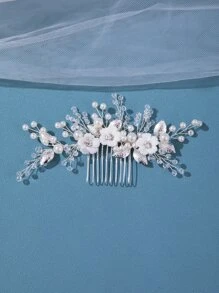 1入組女士花和人造珍珠裝飾時尚新娘髮梳適用於婚禮派對 - 銀色 - 查看 1