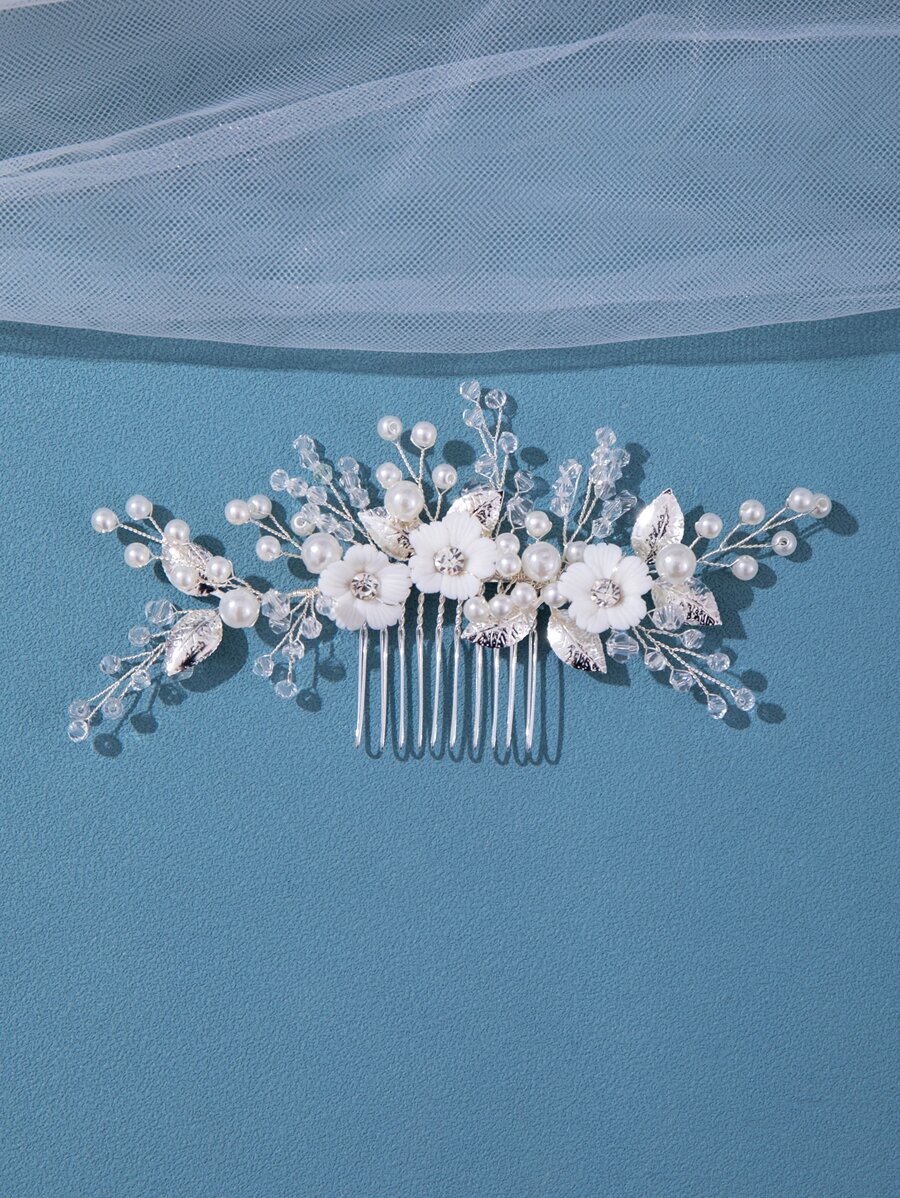 1入組女士花和人造珍珠裝飾時尚新娘髮梳適用於婚禮派對 - 銀色 - 查看 1