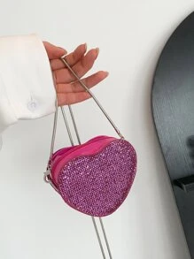 Mini Heart Shaped Chain Crossbody Bag With Shiny Glitter, Suitable For Four Seasons - Hot Pink - View 7