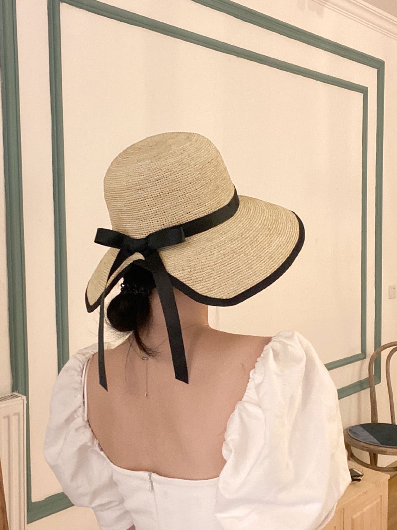 1pc Women Bow Decor Contrast Binding Boho Straw Hat For Summer - Beige - View 1