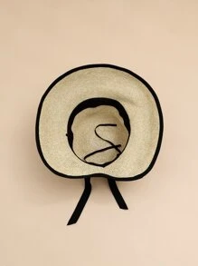 1pc Women Bow Decor Contrast Binding Boho Straw Hat For Summer - Beige - View 2
