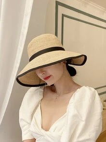 1pc Women Bow Decor Contrast Binding Boho Straw Hat For Summer - Beige - View 3