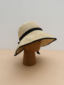 1pc Women Bow Decor Contrast Binding Boho Straw Hat For Summer - Beige - View 6