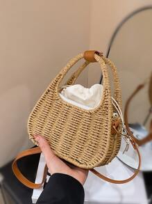 女士迷你复古编织草编手提包，新月形，斜挎手机包 - 卡其色 - 查看 1