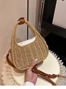 女士迷你复古编织草编手提包，新月形，斜挎手机包 - 卡其色 - 查看 2