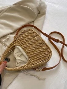 女士迷你复古编织草编手提包，新月形，斜挎手机包 - 卡其色 - 查看 3