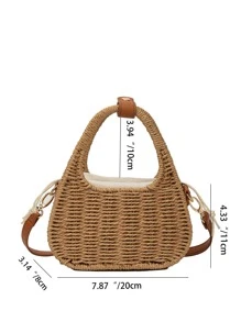 女士迷你复古编织草编手提包，新月形，斜挎手机包 - 卡其色 - 查看 4