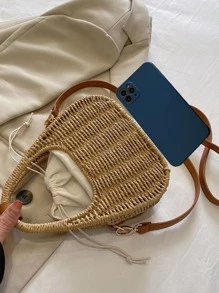 女士迷你复古编织草编手提包，新月形，斜挎手机包 - 卡其色 - 查看 5