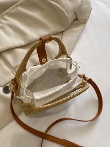 女士迷你复古编织草编手提包，新月形，斜挎手机包 - 卡其色 - 查看 6