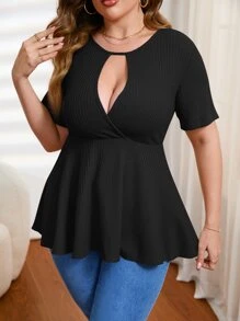 SHEIN Privé Plus Cut Out Keyhole Neck Tee - Black - View 6