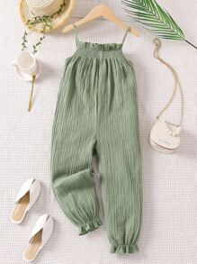 SHEIN Young Girl Green Solid Color Comfortable And Simple Vacation Style Cami Jumpsuit For Summer