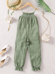 SHEIN Young Girl Green Solid Color Comfortable And Simple Vacation Style Cami Jumpsuit For Summer