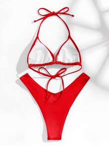 Swim Basics 2025 Simple Solid Color Bikini Swimwear Summer - Red - View 2