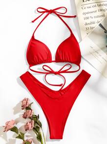 Swim Basics 2025 Simple Solid Color Bikini Swimwear Summer - Red - View 5
