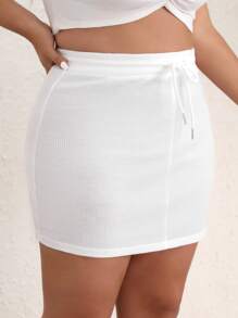SHEIN EZwear 大碼腰部抽繩包臀半身裙 - 白色 - 查看 4