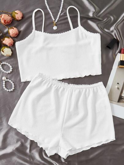 Lettuce Trim Cami Top & Shorts White Set Outfit