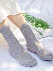 1pair Women Floral Pattern Fashion Crew Socks - Grey - View 1