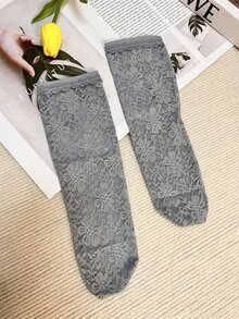 1pair Women Floral Pattern Fashion Crew Socks - Grey - View 2