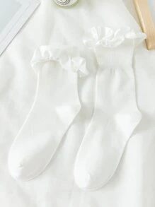 Mujer 1 par Calcetines de tripulación ribete con fruncido elegante - Blanco - Ver 5