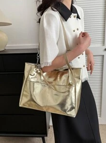 Large Shoulder Tote Bag Gold Colour High-Capacity For Work School Workout Shopping - Gold - View 2