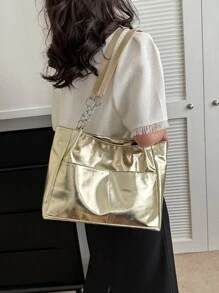 Large Shoulder Tote Bag Gold Colour High-Capacity For Work School Workout Shopping - Gold - View 6