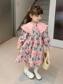 小女童印花誇大領口荷葉邊娃娃裙 - 彩色 - 查看 1