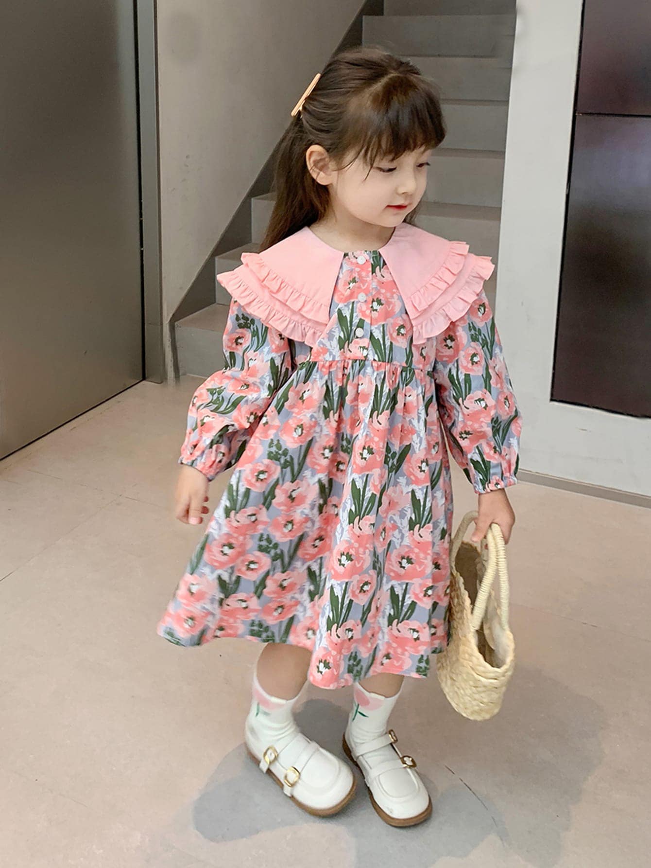 小女童印花誇大領口荷葉邊娃娃裙 - 彩色 - 查看 1