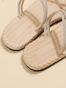 女士輕便交叉腳趾環平底度假仿麂皮T字帶涼鞋適用於夏天 - 米色 - 查看 3