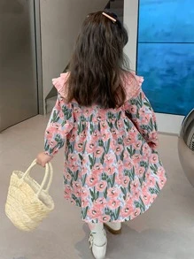 小女童印花誇大領口荷葉邊娃娃裙 - 彩色 - 查看 2