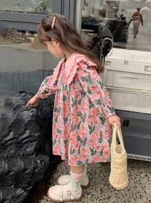 小女童印花誇大領口荷葉邊娃娃裙 - 彩色 - 查看 3