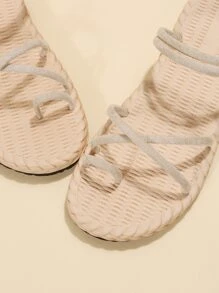 女士輕便交叉腳趾環平底度假仿麂皮T字帶涼鞋適用於夏天 - 米色 - 查看 4