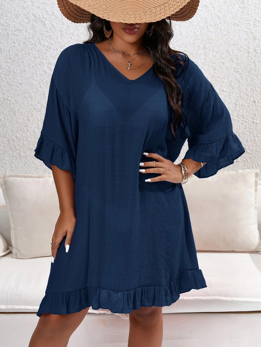 SHEIN Swim Curve Vestido cover up ribete con fruncido sin bikini - Azul Marino - Ver 1