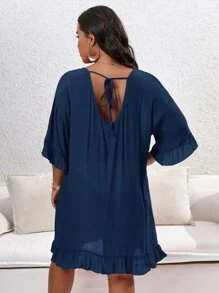 SHEIN Swim Curve Vestido cover up ribete con fruncido sin bikini - Azul Marino - Ver 2