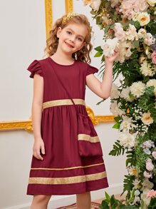 SHEIN Chicas Vestido con cinta en contraste ribete con fruncido - Burdeos - Ver 1