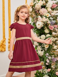 SHEIN Chicas Vestido con cinta en contraste ribete con fruncido - Burdeos - Ver 3