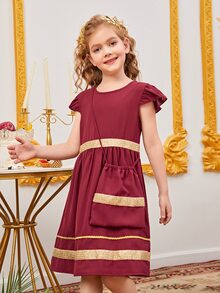 SHEIN Chicas Vestido con cinta en contraste ribete con fruncido - Burdeos - Ver 4