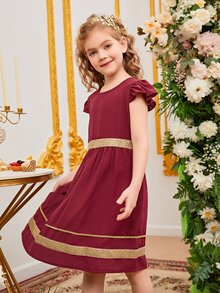 SHEIN Chicas Vestido con cinta en contraste ribete con fruncido - Burdeos - Ver 5