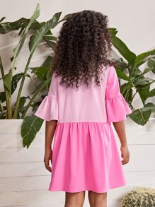 SHEIN Đầm Gái Xù Viên lá sen Nút phía trước Khối Màu Dễ thương - Hồng - Xem 3