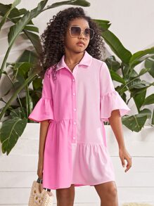 SHEIN Đầm Gái Xù Viên lá sen Nút phía trước Khối Màu Dễ thương - Hồng - Xem 4