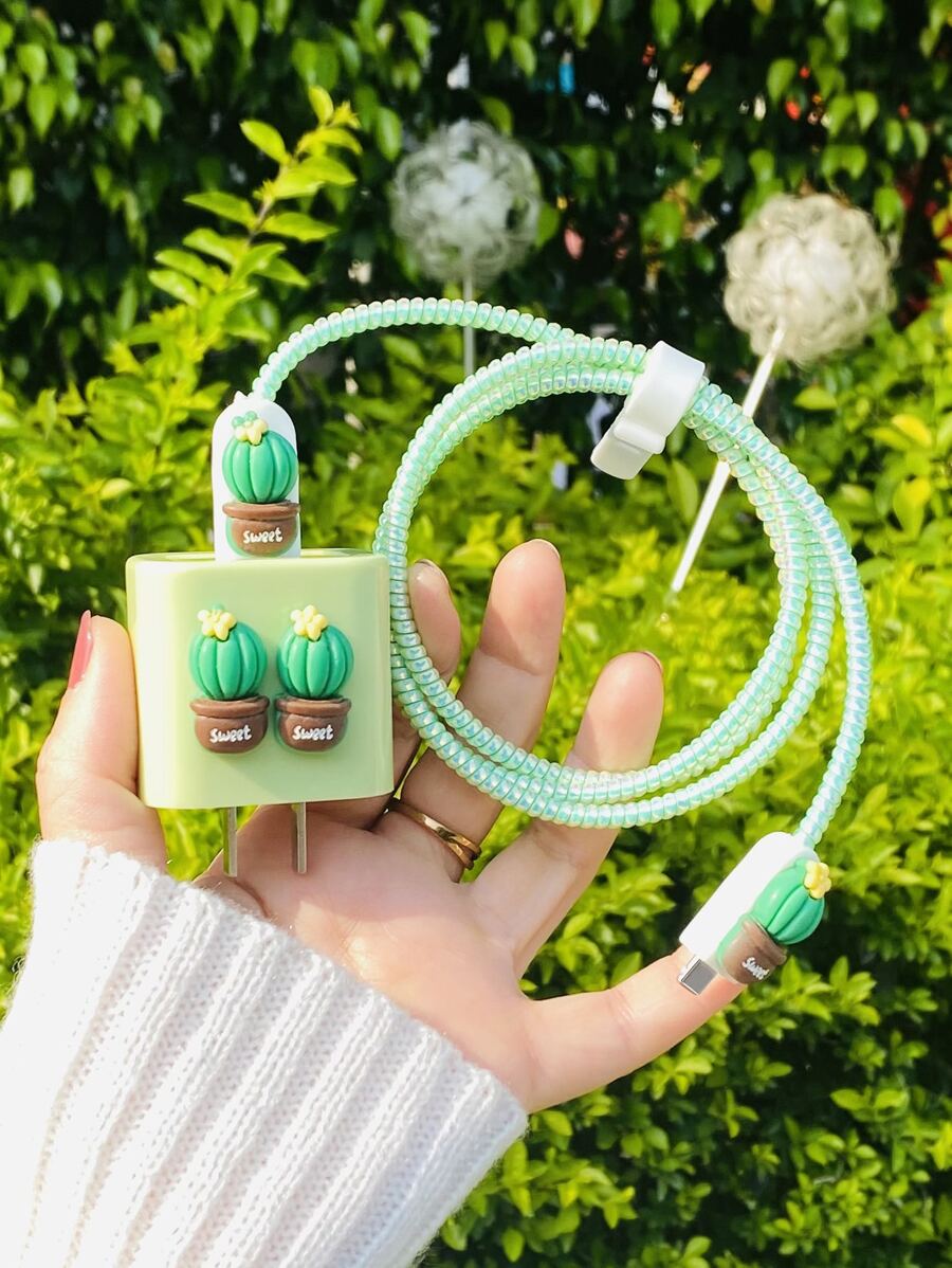 5 cái Cactus Decor Bảo vệ cáp dữ liệu & Bộ nắp đầu sạc - màu xanh lá - Xem 1