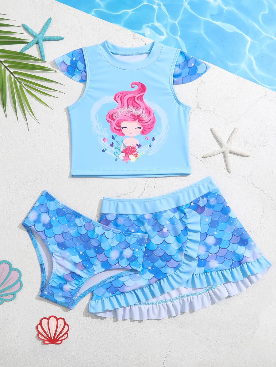 Baby Girl Mermaid Print Ruffle Trim Beachwear With Beach Skirt Summer Beach - Blue - View 1