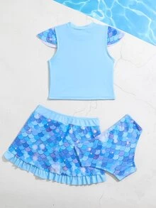 Baby Girl Mermaid Print Ruffle Trim Beachwear With Beach Skirt Summer Beach - Blue - View 2