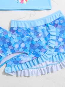 Baby Girl Mermaid Print Ruffle Trim Beachwear With Beach Skirt Summer Beach - Blue - View 3