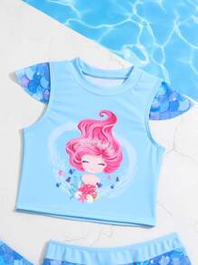 Baby Girl Mermaid Print Ruffle Trim Beachwear With Beach Skirt Summer Beach - Blue - View 4
