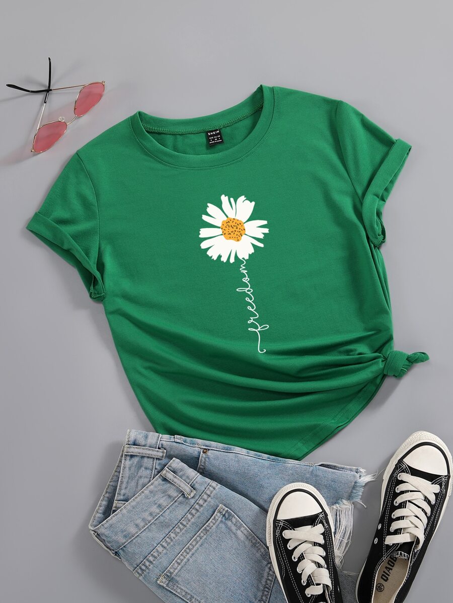 SHEIN LUNE Floral & Letter Graphic Tee - Green - View 1