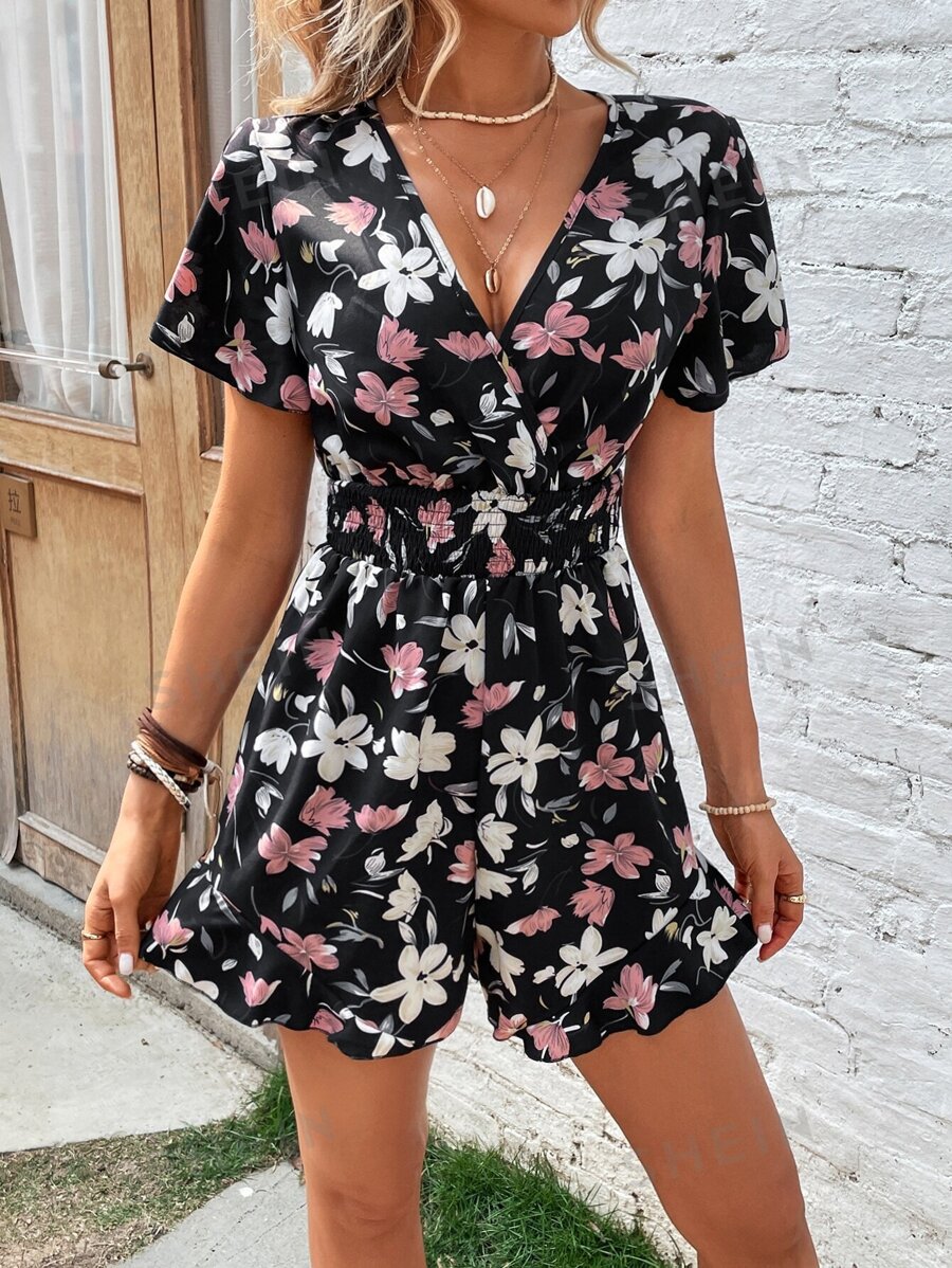 SHEIN VCAY Floral Print Surplice Neck Ruffle Hem Romper | SHEIN UK
