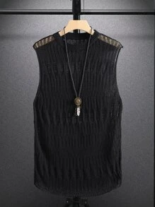 Manfinity Hombres Top unicolor de punto de malla - Negro - Ver 1