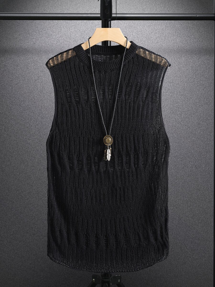 Manfinity Hombres Top unicolor de punto de malla - Negro - Ver 1